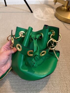 Green Leather Drawstring Bucket Bag with Gold Hardware